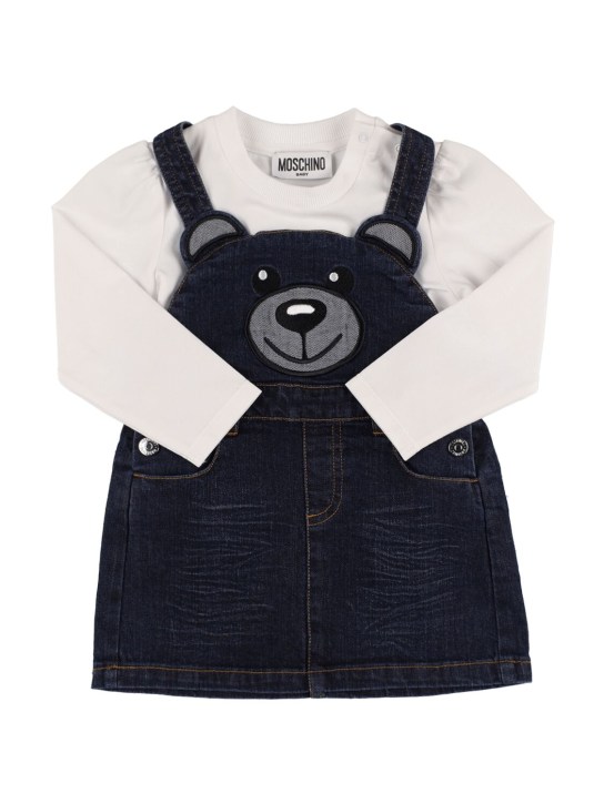 Moschino: T-shirt en coton imprimé & robe en denim - Blanc/Denim - kids-girls_0 | Luisa Via Roma
