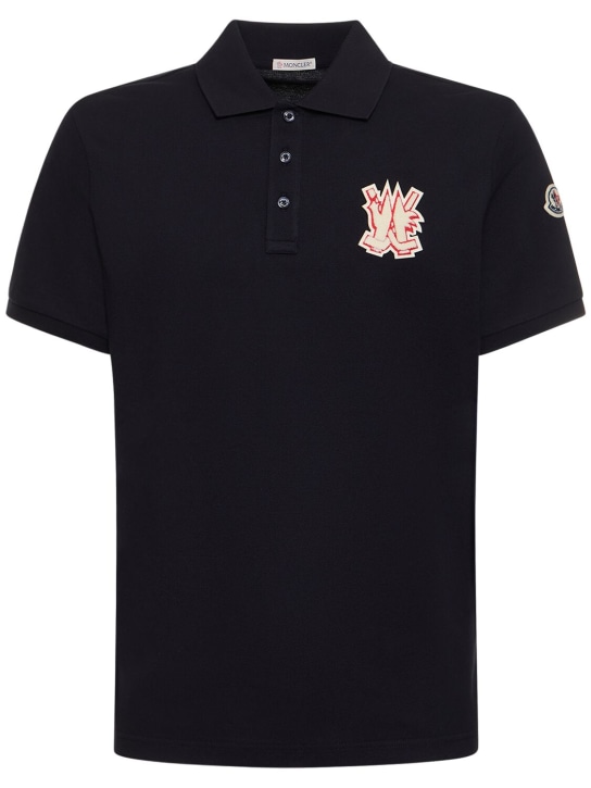 Moncler: Logo cotton piquet polo shirt - Black - men_0 | Luisa Via Roma