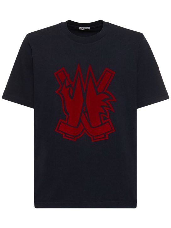 Moncler: Logo patch cotton jersey t-shirt - Navy - men_0 | Luisa Via Roma