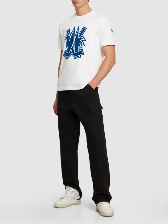 Moncler: Logo patch cotton jersey t-shirt - White/Blue - men_1 | Luisa Via Roma