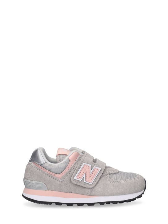 New Balance: 574 Faux leather sneakers - Grey/Pink - kids-girls_0 | Luisa Via Roma