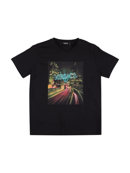 Versace: T-shirt en jersey de coton imprimé logo - Noir - kids-girls_0 | Luisa Via Roma