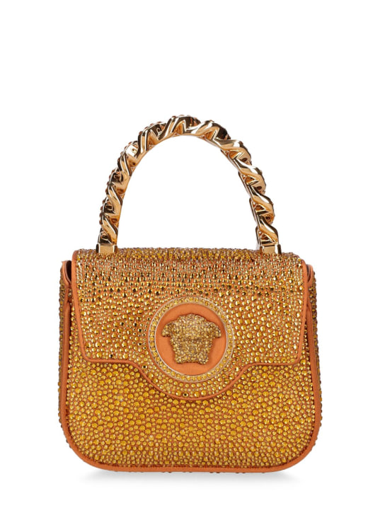 Versace: Mini Handtasche aus Satin mit Strass - Caramel Gold - women_0 | Luisa Via Roma