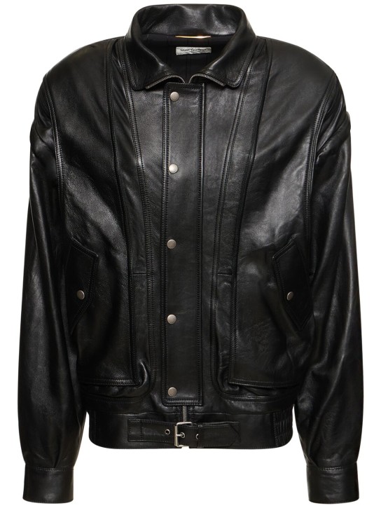 Saint Laurent: Leather bomber jacket - Black - women_0 | Luisa Via Roma