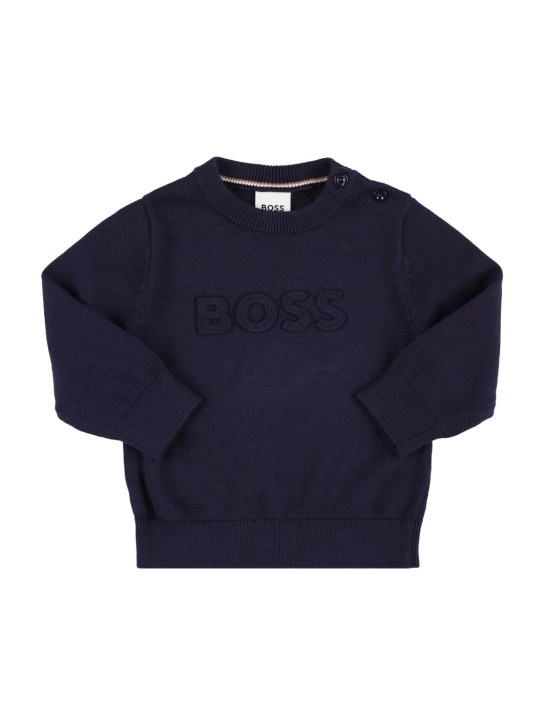 Boss: Embossed logo cotton knit sweater - Azul Marino - kids-boys_0 | Luisa Via Roma