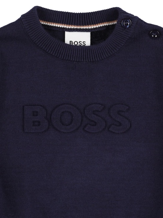 Boss: Embossed logo cotton knit sweater - Azul Marino - kids-boys_1 | Luisa Via Roma