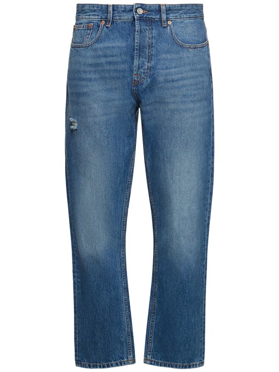 Valentino: Jeans regular fit de denim de algodón - Azul Medio - men_0 | Luisa Via Roma