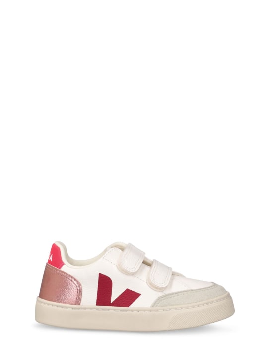 Veja: V-12 chrome-free leather strap sneakers - White/Multi - kids-girls_0 | Luisa Via Roma