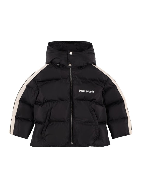 Palm Angels: Logo hooded nylon puffer jacket - Black/White - kids-boys_0 | Luisa Via Roma