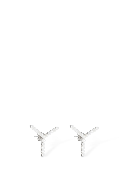 Y/PROJECT: Mini Y faux pearl stud earrings - Silver/White - women_1 | Luisa Via Roma