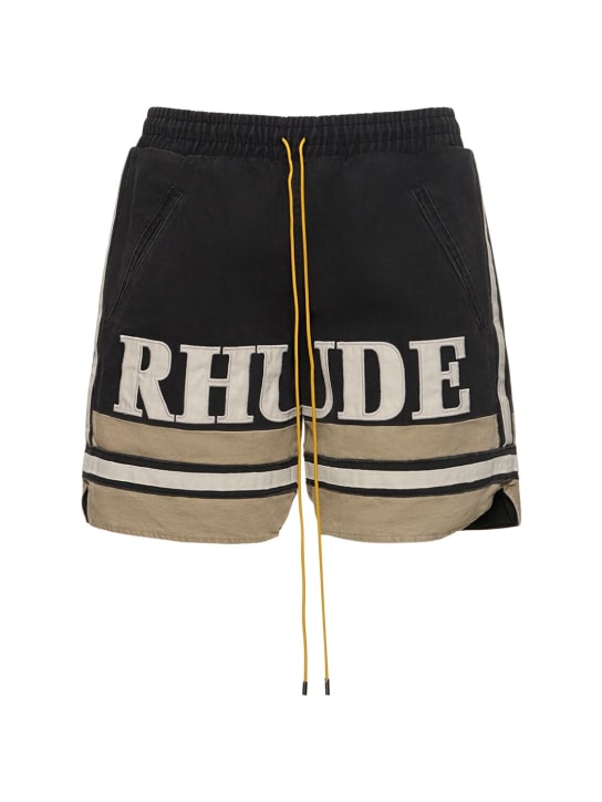 RHUDE: Logo embroidered cotton shorts - Nero/Verde - men_0 | Luisa Via Roma
