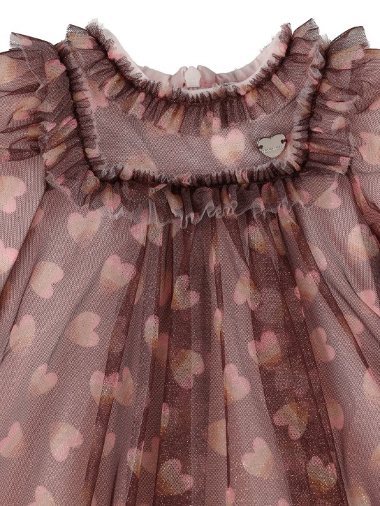 Monnalisa: Heart printed glittered tulle dress - Brown - kids-girls_1 | Luisa Via Roma