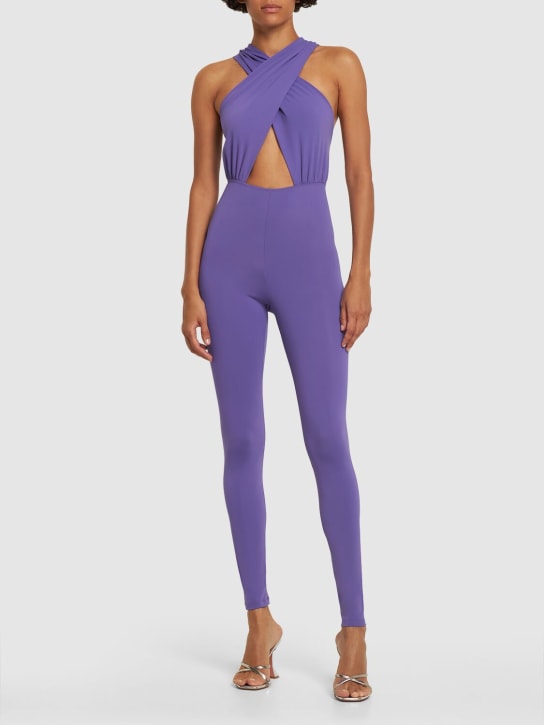 The Andamane: Hola halter neck matte lycra jumpsuit - Purple - women_1 | Luisa Via Roma