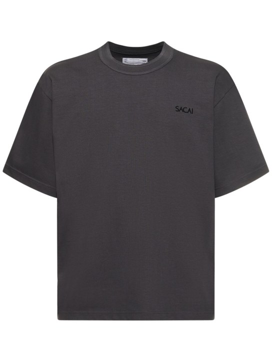 Sacai: Logo棉质平纹针织T恤 - 灰色 - men_0 | Luisa Via Roma