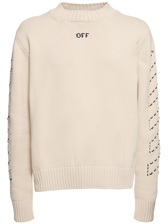 Off-White: Stitch arrow cotton blend knit sweater - Beige - men_0 | Luisa Via Roma