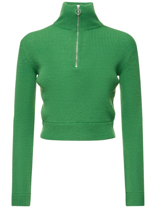 Acne Studios: Rib knit wool blend sweater w/logo - Green - women_0 | Luisa Via Roma