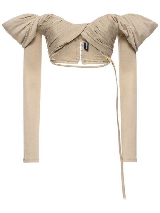 Jacquemus: Le Haut Spalla jersey crop top - Light Khaki - women_0 | Luisa Via Roma