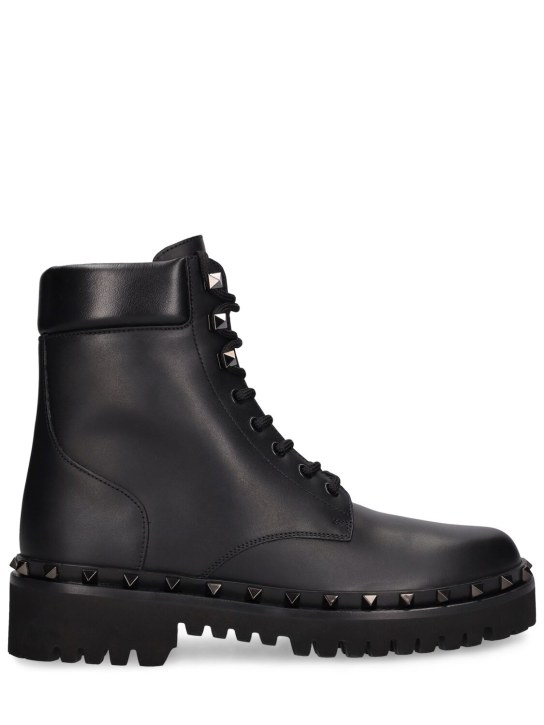 Valentino Garavani: 50mm Rockstud leather combat boots - Black - women_0 | Luisa Via Roma