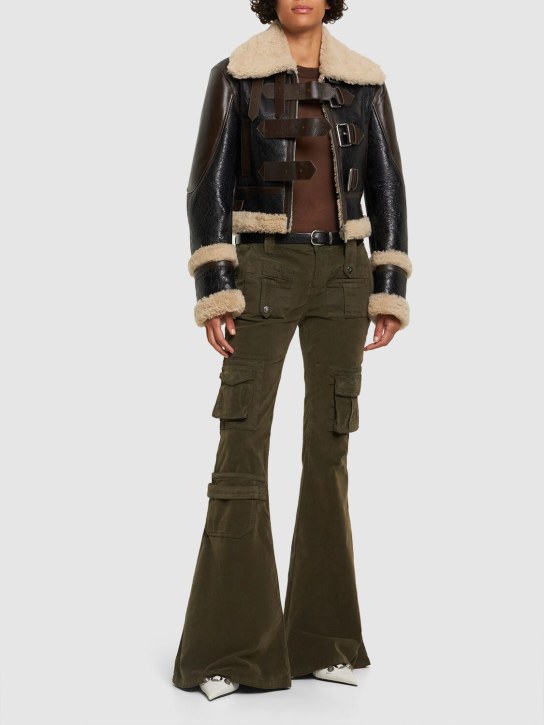 Blumarine: Leather shearling short jacket w/buckles - Black/Brown - women_1 | Luisa Via Roma