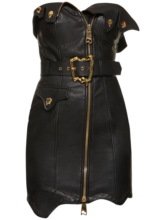 Moschino: Leather strapless mini dress w/ zip - Black - women_0 | Luisa Via Roma