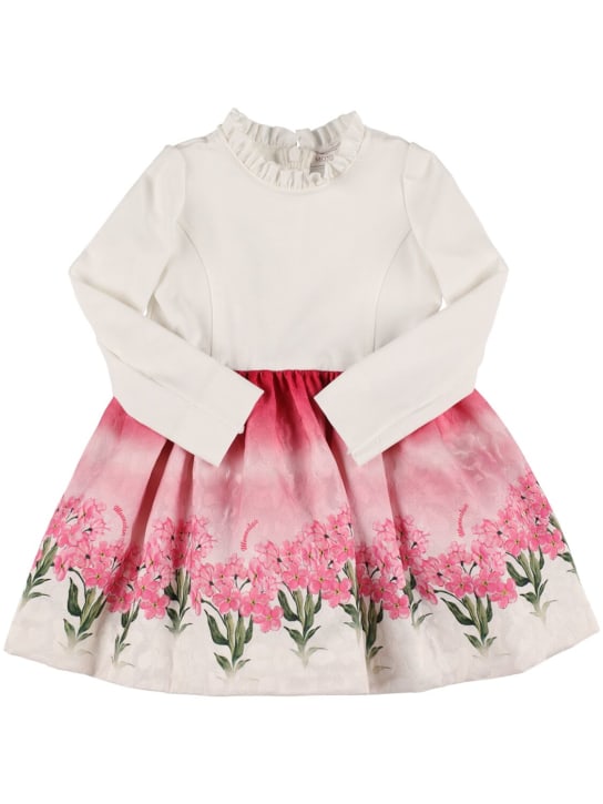 Monnalisa: Vestido de brocado con estampado floral y cinturón - Blanco/Rojo - kids-girls_0 | Luisa Via Roma