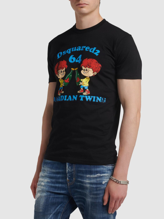 Dsquared2: Canadian Twins 프린트 코튼 티셔츠 - 블랙 - men_1 | Luisa Via Roma