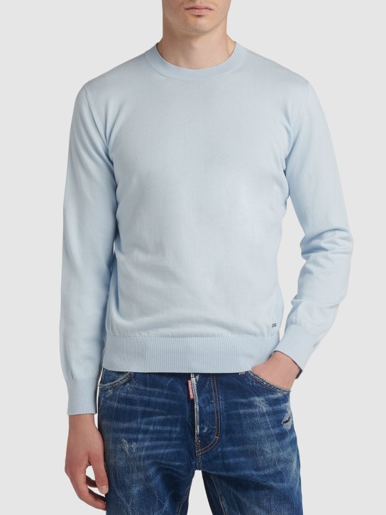 Dsquared2: Logo plaque cotton crewneck sweater - Blue Bell - men_1 | Luisa Via Roma