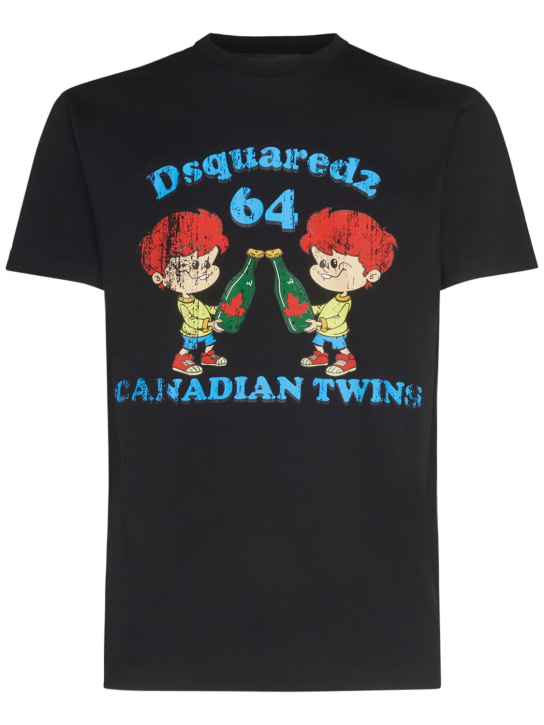 Dsquared2: Canadian Twins 프린트 코튼 티셔츠 - 블랙 - men_0 | Luisa Via Roma