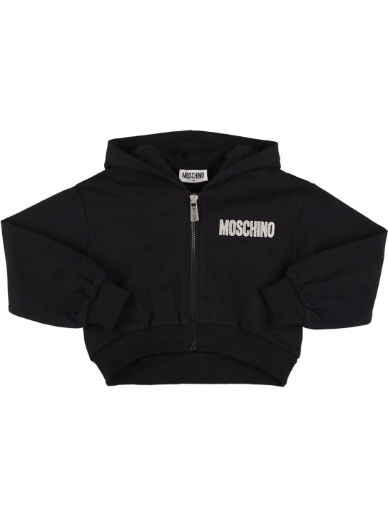 Moschino: Full-zip hooded cotton sweatshirt - Black - kids-girls_0 | Luisa Via Roma