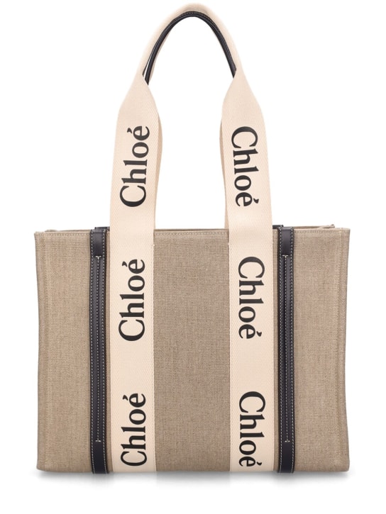 Chloé: Medium Woody canvas tote bag - Beige/Blue - women_0 | Luisa Via Roma