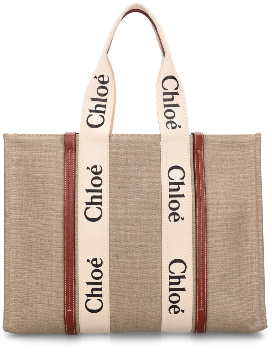 Chloé: Large Woody canvas tote bag - White/Brown - women_0 | Luisa Via Roma