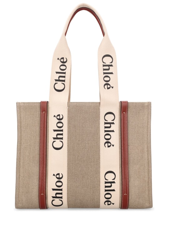 Chloé: Medium Woody canvas tote bag - White - Brown 1 - women_0 | Luisa Via Roma