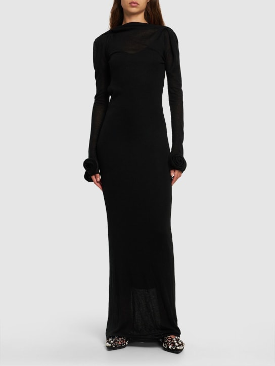 Blumarine: Jersey & wool long dress w/ roses - Black - women_1 | Luisa Via Roma