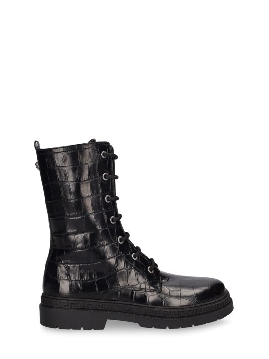 Versace: Biker croc embossed leather boots - Black - kids-girls_0 | Luisa Via Roma