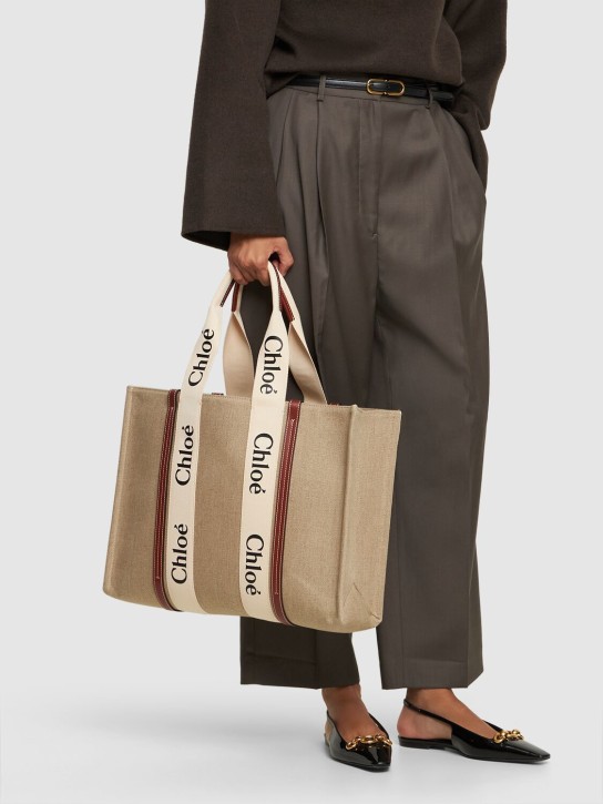 Chloé: Large Woody canvas tote bag - White/Brown - women_1 | Luisa Via Roma