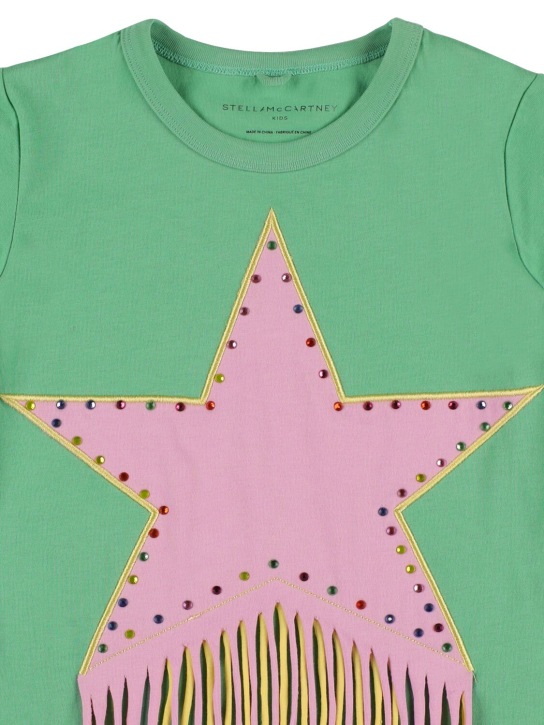 Stella Mccartney Kids: T-shirt in cotone / decorazioni e frange - Verde/Blu - kids-girls_1 | Luisa Via Roma