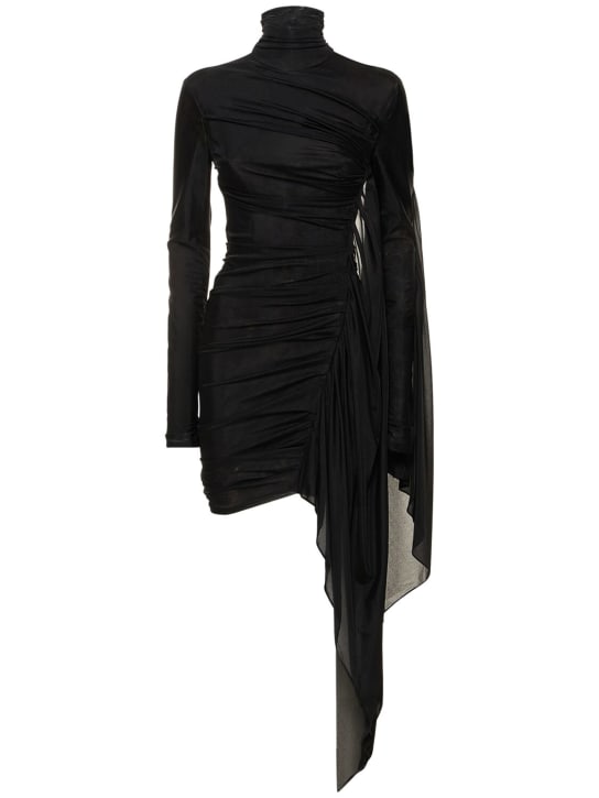 MUGLER: Draped tulle & jersey midi dress - Black - women_0 | Luisa Via Roma