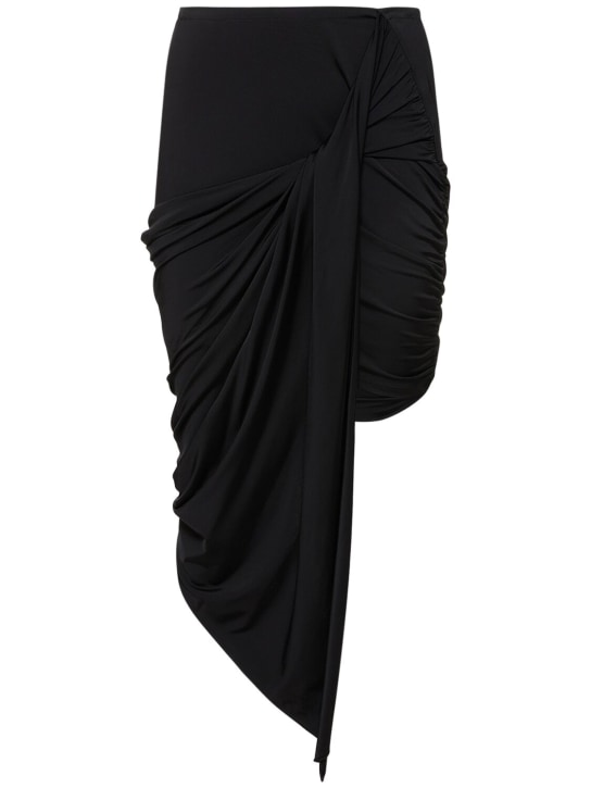 MUGLER: Draped viscose satin jersey midi skirt - Black - women_0 | Luisa Via Roma
