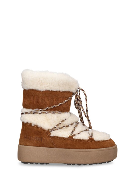 Moon Boot: Shearling & suede ankle snow boots - White/Brown - kids-boys_0 | Luisa Via Roma