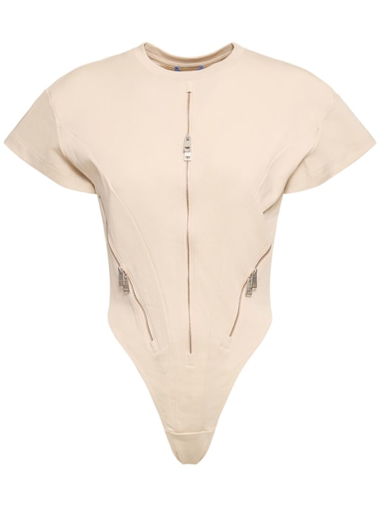 MUGLER: Cotton crewneck bodysuit w/ zip - Light Beige - women_0 | Luisa Via Roma