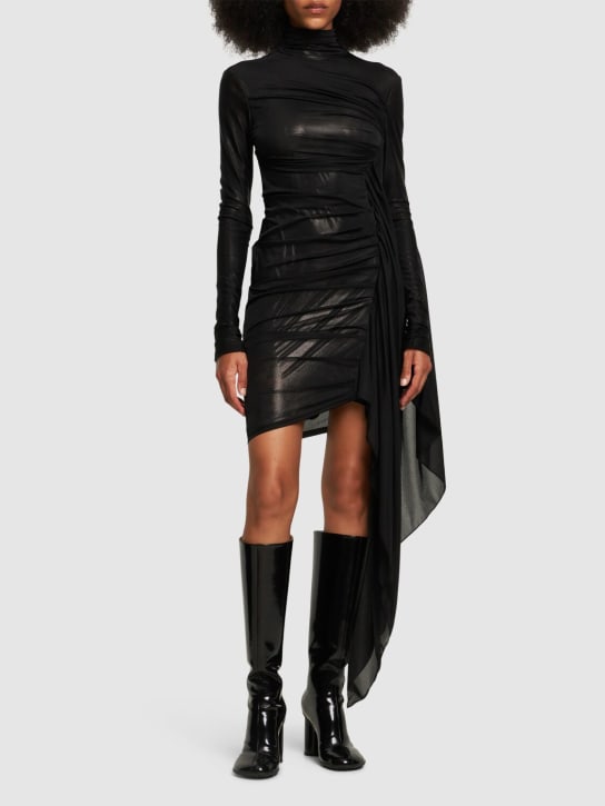 MUGLER: 垂褶薄纱&平纹针织迷笛连衣裙 - 黑色 - women_1 | Luisa Via Roma