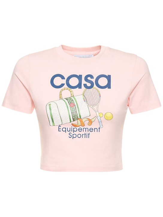 Casablanca: Printed logo jersey cropped t-shirt - women_0 | Luisa Via Roma