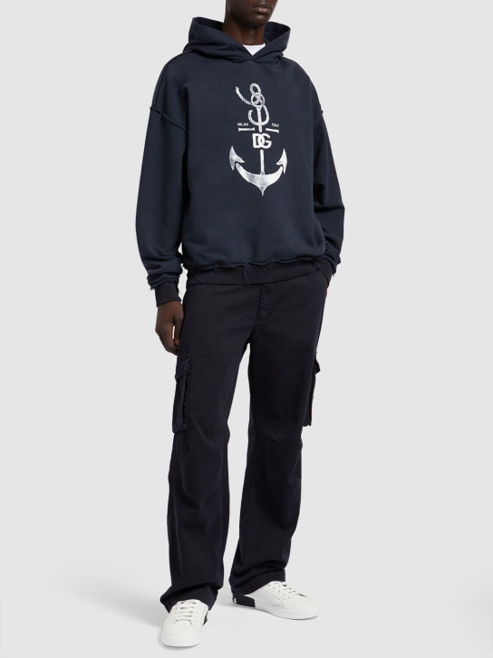 Dolce&Gabbana: Printed washed cotton jersey hoodie - Blue Scurissimo - men_1 | Luisa Via Roma