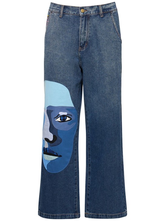 KidSuper Studios: Jeans dritti Blue Face in denim di cotone - men_0 | Luisa Via Roma