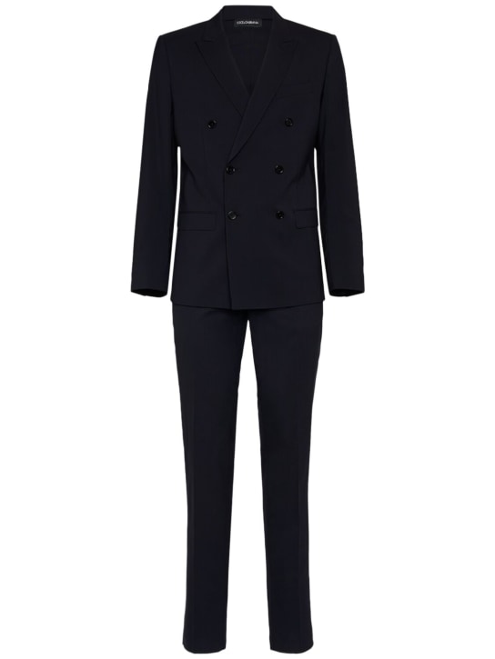 Dolce&Gabbana: Double breasted stretch wool suit - Blue Scurissimo - men_0 | Luisa Via Roma