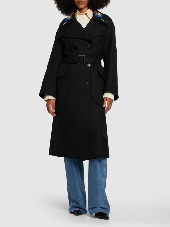 Etro: Manteau long en laine brodée avec ceinture - Noir - women_1 | Luisa Via Roma