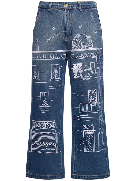 KidSuper Studios: Fire Escape embroidered jeans - Blue/Multi - men_0 | Luisa Via Roma
