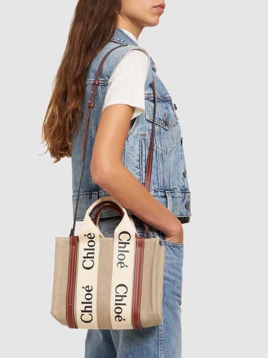 Chloé: Small Woody canvas top handle bag - White - Brown 1 - women_1 | Luisa Via Roma