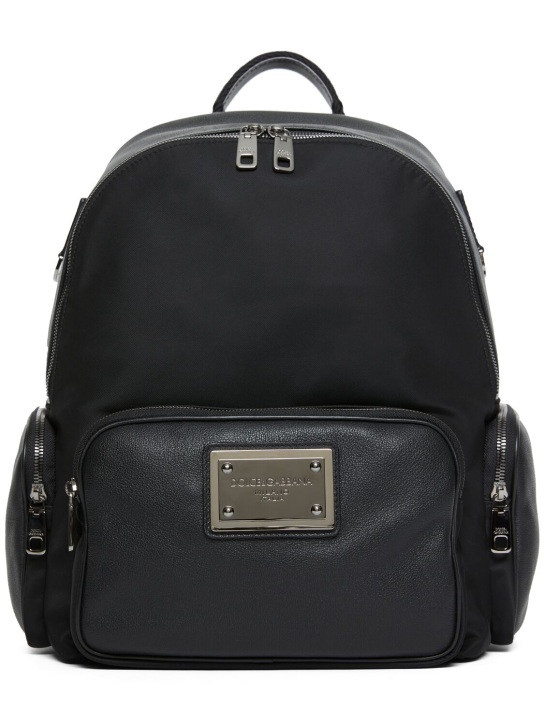 Dolce&Gabbana: Leather & nylon logo plaque backpack - Black - men_0 | Luisa Via Roma