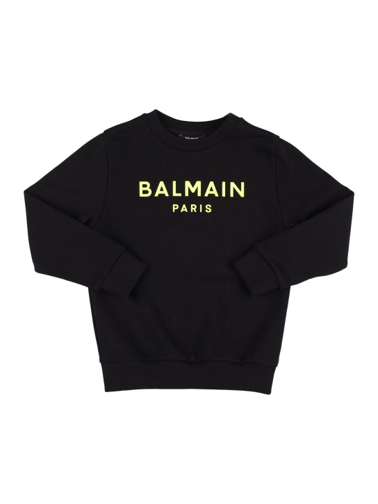 Balmain: 오가닉 코튼 맨투맨 티셔츠 - 블랙/옐로우 - kids-boys_0 | Luisa Via Roma